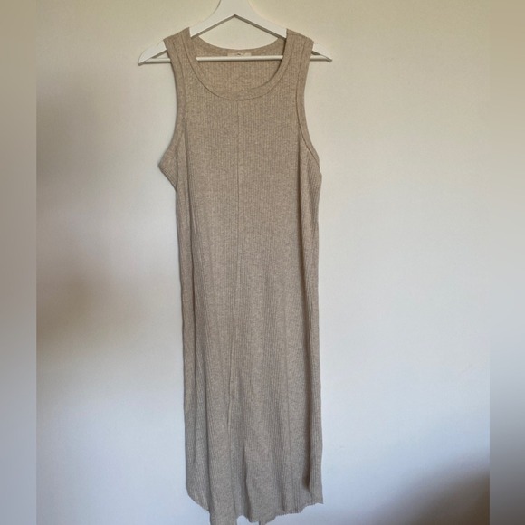 entro Dresses & Skirts - Entro Midi Tank Dress Small Beige Ribbed Knit Scoop Neck Sleeveless Casual Boho